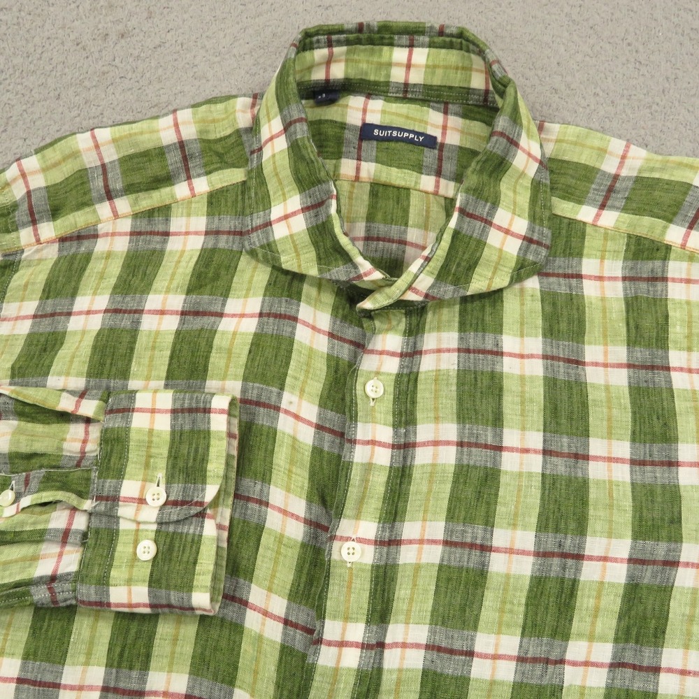 SuitSupply Mens 45 17.75 Green Plaid 100% Linen Albini Fabric Button Down Shirt